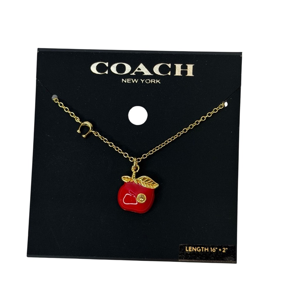 Coach Red Apple Pendant Necklace Gold Tone Enamel Crystal Logo NWT Y2K Preppy